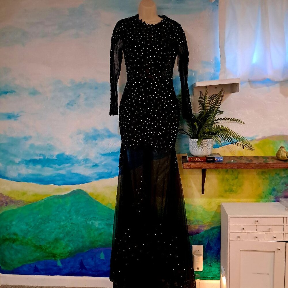 Elegant black semi-sheer evening gown, wedding dress, READ AD FOR SIZE INFO!